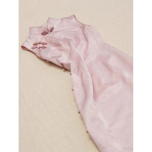 Elegant Pink Cheongsam Dress with Button Design Side Slit for Women Stylish Retro Chinese National Style Mid-Length A-Line Dress