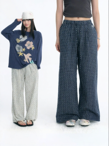 JNXS | Quần Nữ Vintage Thoáng Khí Bọt Biển Linen Thêu Caro