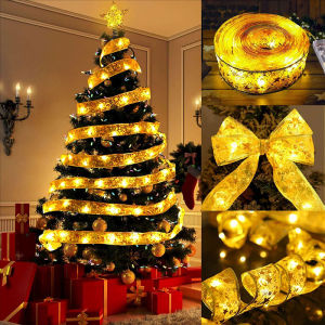 2M LED Christmas Ribbon with Battery Christmas Decoration Fairy Light DIY Bows Glowing Garland String Light Xmas Tree Ornaments