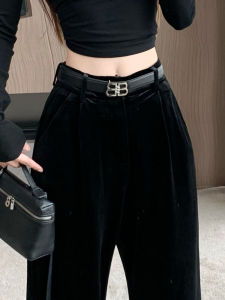 Black Fancy Pleuche Pants Female Fall and Winter 2024 New Arrival Fashion High Waist Loose Pants Draped Mop Trousers