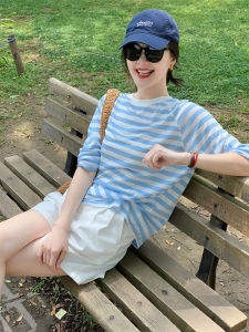 Blue Stripes Long Sleeve Sunscreen Coat Girls Summer Small Loose Outerwear Thin Air Conditioning Blouse T-Shirt Tops