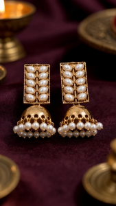 [SG] Pearl Lattice Jhumka Earrings | Antique Gold Pearl Dome Drop Earrings | Elegant Indian Traditional Saree & Festive Jewellery | ear me out (EMO-373)