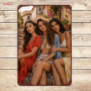 CIFbuy | Người Phụ Nữ Tóc Đỏ Mặc Áo Sơ Mi Trắng Thắt Nút & Quần Jean - Biển Hiệu Kim Loại 2D - Trang Trí Nghệ Thuật Treo Tường Cổ Điển - Biển Hiệu Kim Loại Hình Chữ Nhật