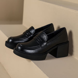 2023 Spring New British Style Small High Heel Loafers Women Commuter Simple Chunky Heel Thick Bottom round Toe Single-Layer Shoes