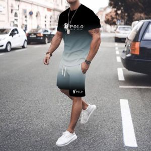 Trendy and fashionable street style 3D mens gradient letter print pattern suit T-shirt casual T-shirt shorts two-piece set