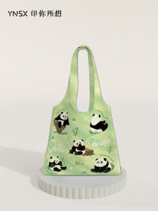Original Design Large Capacity Panda Embroidery Canvas Bag Green Thickened Student Book Tote Bag Single Shoulder Bag for Youth Casual Use