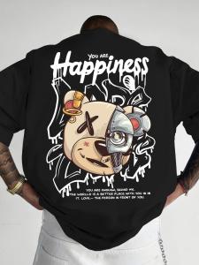 2025 New Mens Personalized Graffiti Bear Letter Printed Breathable and Comfortable Round Neck T-shirt Outdoor High Street Top