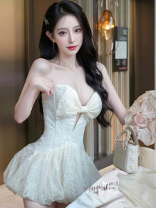 Elegant Lace Embroidery Bridesmaid Dress Womens Unique Butterfly Knot Strapless Ball Gown Skirt Polyester Fiber Non-Stretchy