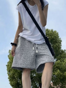 Mens Knitted Short Pants Summer Thin Breathable Casual Straight Leg Pants American High Street Striped Shorts Trendy Youth