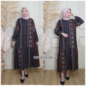 Gamis Rayon Etnik Ruffle Busui Kekinian // Long Dress Wanita