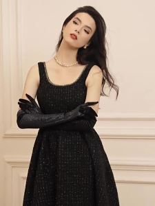 Vintage French Hepburn Style Elegant Black Dress with Gloves