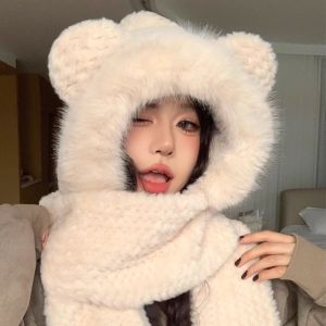 Adorable Bear Plush Hat Scarf Set Warmth Autumn Winter Three-piece Womens Style Cozy Cute Fleece Headscarf Cap Outdoors