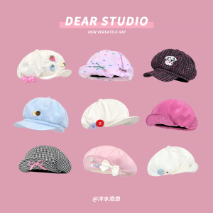 Japanese Style Sweet Cute Large Head Circular Hat with Colorful Buttons Cartoon Eight-Corner Hat for Men and Women