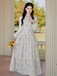 Váy Dài Tay Họa Tiết Hoa Cổ Điển Mới Phong Cách Trung Hoa Váy Nữ Mùa Xuân 2025 Váy Midi Dáng Chữ a Cạp Cao Bằng Polyester