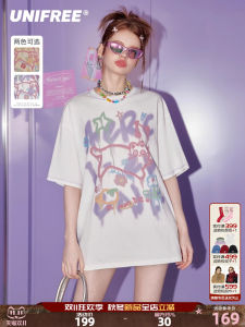เสื้อยืดคอกลมแขนสั้นผู้หญิง UNIFREE สีขาว พิมพ์ลายการ์ตูน ทรงหลวมๆ สไตล์อเมริกัน เสื้อผ้าทำงานสไตล์หวานและเท่