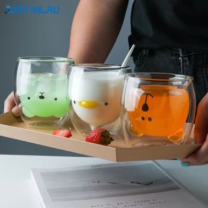 JUSTINLAU Creative Double Wall Glass Mug Bear Cat Dog Animal Insulated Glass Cup Milk Coffee Cup Juice Cup Birthday Party Gifts