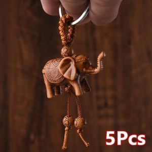 5Pcs Women Men Lucky Wooden Elephant Carving Pendant Car Keychain Religion Car Chain Key Ring Keyring Jewelry Cute Keychains