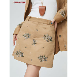 XIAODADEHUA | Contrast Collar Khaki Barn Style Embroidered Beads Jacket & Skirt Set