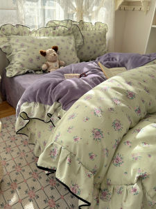 French Style Floral Cotton Fleece Bedding Set 3-4 Pieces Milk Velvet Ruffle Edge Duvet Cover Sheet Small Flower Pattern