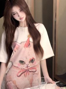 Mid Length Long Length White Cotton T-Shirt for Women 2024 New Loose K-Style Crewneck Short Sleeve Printed Animation Design Casual Work Clothing