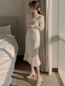 2024 ฤดูใบไม้ผลิ ฤดูใบไม้ร่วง เกาหลี ดีไซน์ สูง เอว ยาว สีขาว ลูกไม้ เดรส สไตล์ฝรั่งเศส Midi เดรส ผู้หญิง แฟชั่น V คอแขนเสื้อประเภท