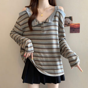 Retro Color Block Shoulder Bared Long Sleeve Base Shirt Womens Spring Autumn plus Size Design Belly Covering Top