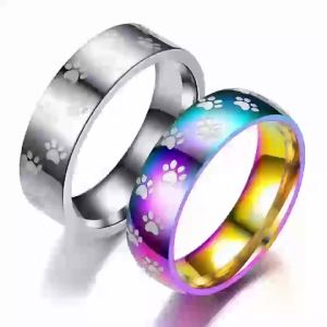 Fashion Cute Dog Cat Paw Rings Jewelry Stainless Steel Wedding Band Rainbow Couple Ring for Women Valentines Day Gift Size 6-13