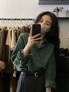 Loose Long Sleeve Green Shirt Womens Base Layer French Style Spring Autumn Lightweight Mature Retro Fashion Polo Collar Cotton