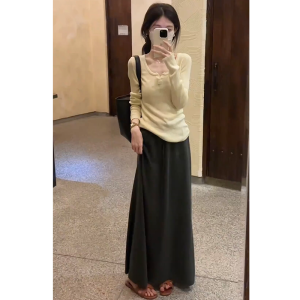 Fancy Minimalist Dark Gray Glutinous Rice Skirt Womens Autumn New Arrival High Waist Slim Looking Sheath A- line Mid-Length Skirt