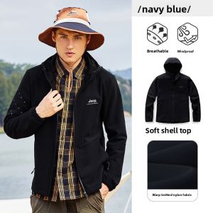 Jeep | Jeep Mens Outdoor Warmth Hooded Soft Shell Jacket Autumn Winter New Style Breathable Quick Dry Waterproof Windproof Workwear