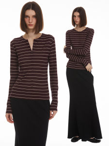 SOLWEIGE Exclusively Dyed Slim Fit Striped T-Shirt Burgundy Wine Autumn Winter Base Layer Shirt Womens Fashion Casual Top
