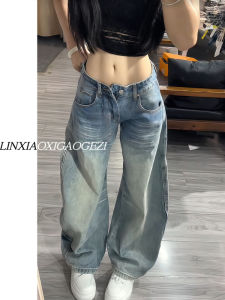 Extended Length American Retro Knife Edge Jeans Women Slimming Light Wash Low Waist Pants Autumn Casual Wide Leg Trousers
