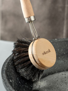 Onlycook Replaceable Brush Head Horse Hair Kitchen Sink Pot Scrubber Long Handle Butcher Block Wood Handle Dishware Brush