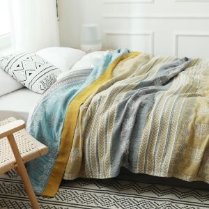 Pure Cotton Towel Blanket for Adults Lightweight Summer Lifestyle Bedding Nordic Style Plant Patterned Quilted Cover Ideal for Home Air Conditioning