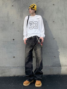 Cleanfit Style American High Street Heavyweight Washed Black Grey Flared Jeans Mens Faded Frayed Casual Straight Leg Jeans