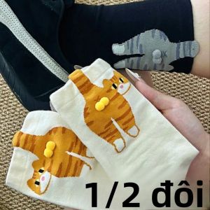 Bộ 1/2 Đôi Tất Ống Giữa In Hình Mèo Dễ Thương Dành Cho Các Cặp Đôi Mềm Mại Thoáng Khí Thấm Hút Mồ Hôi Tất Cả Các Mùa Tất Thường Ngày Cho Nữ