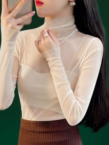 เสื้อเชิ้ตคอสูงบุขนแกะลูกไม้หนาสำหรับผู้หญิง แขนยาว ฤดูใบไม้ร่วง/ฤดูหนาว เสื้อชั้นในแบบใหม่ อบอุ่น ใส่ได้หลากหลาย