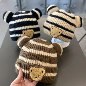Cartoon Stripe Bear Baby Beanie Cap Cute Ears Infant Knitted Hat Korean Winter Warm Kids Crochet Hats Toddler Girls Boys Bonnet