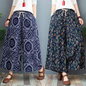 Summer Thin Print Cotton Linen Wide Leg Pants Womens High Waist Asymmetric Casual Trousers Eighteen Length Loose plus Size