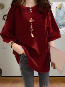 Áo Thun Tay Ngắn Rộng Rãi Mùa Hè Cỡ Lớn Phong Cách Trung Hoa Che Giấu Mỡ 2025 Áo Thun Nữ Dáng Rộng Thoải Mái Thoáng Khí