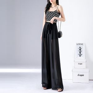 FIGHT FISH | กางเกงขายาวผ้าชีฟองไหมน้ำแข็งเอวสูงสำหรับผู้หญิง กางเกงขายาวทรงหลวมสบาย ๆ สำหรับฤดูร้อน สไตล์ลำลอง ใส่สบาย