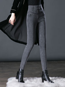 Womens High Waist Thickened Fleece Lined Slim Fit Jeans Elastic Straight Leg Long Pants Autumn Winter Fashion Elegant Style