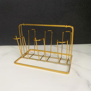 4 Cups under-Cut Square Shelf 6 Cups Draining Rack Shelf Rack with Tray Wrought Iron Golden Cup Holder Living Room Glass Storage
