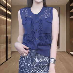 Shalldoer | Unique Summer Knitwear Set For Women Hollow Out Crochet Print Mini Skirt Round Neck Short Sleeve Two Piece Ensemble Non-Repeating