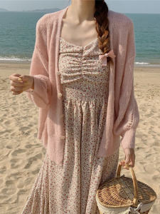 นุ่ม ลมอ่อนโยนแคชเมียร์ถักเปิด คาร์ดิเกน ผู้หญิง บาง หลวม ฤดูร้อน ขี้เกียจป้องกันแสงแดดเสื้อแจ๊กเก็ตผ้าคลุมไหล่โบฮีเมียน คอวี แขนยาว