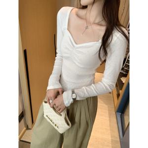 Slim Fit Short Sleeve T-Shirt Womens Long Sleeve Square Collar Cotton Casual Fashion Commute Style Korean Version Slimming Top