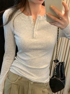 QIAOCHENXIAN | Áo Thun Dài Tay Có Nút 95% Cotton Cho Nữ