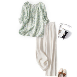 Summer Cotton Linen Set for Women Casual Floral Print Shirt And Pants Two Piece Suit High End Fashion Brand round Neck Sleeve