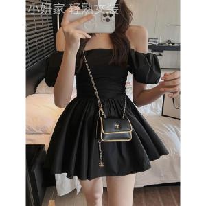 French Style Black Puffy Sleeve Princess Dress Womens Summer Design Shoulder Bone High Waist Bubble Skirt Single Piece Short Dress