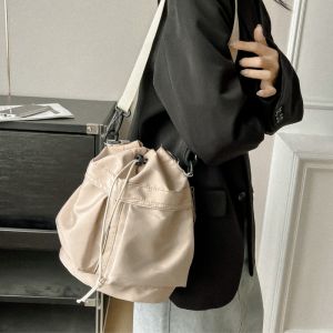 New Fashionable Nylon Bucket Bag Womens Crossbody Small Backpack Drawstring Cord Handbag Korean Style Casual Purse